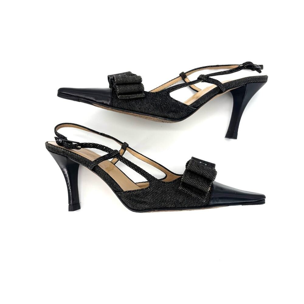 Chanel CC Retro Vintage Lagerfeld Bow Black Denim Slingback Pointed Toe Pumps 35 - Picture 5 of 8